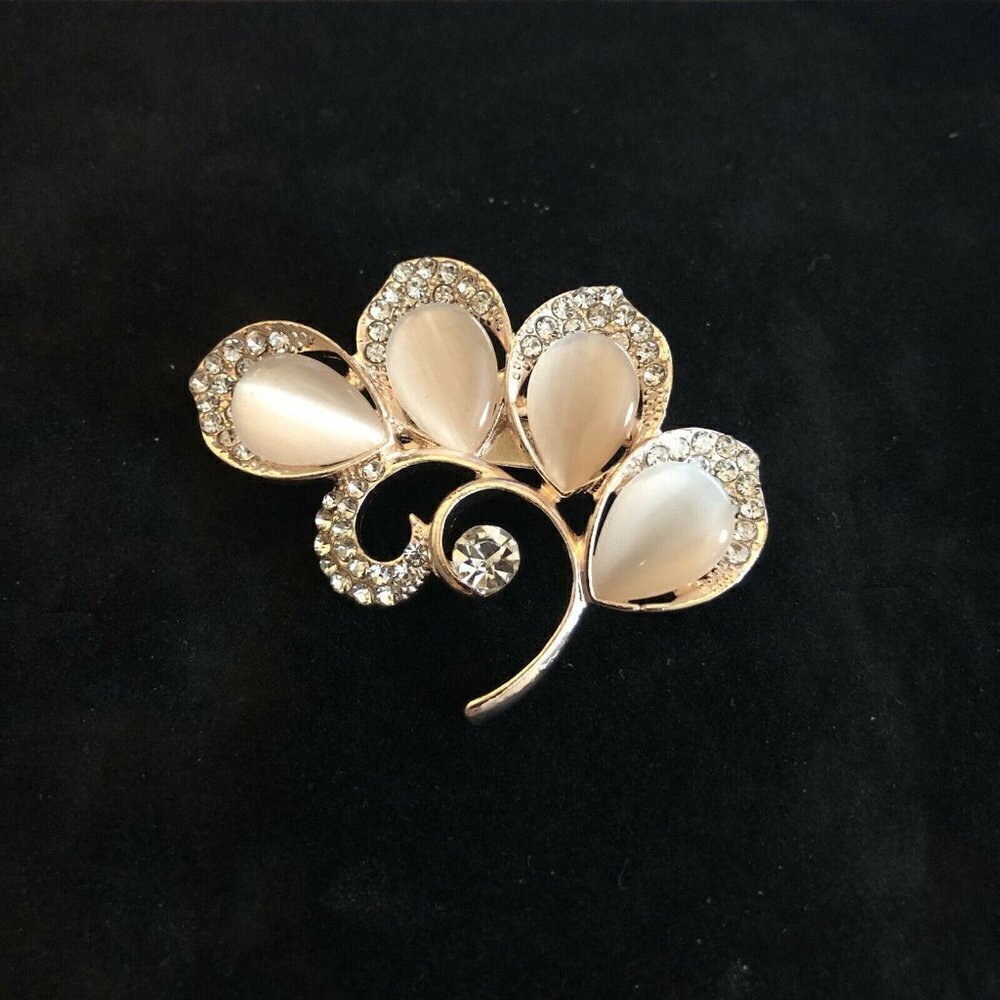 Vintage Style Brooch Antiqued Gold Tone Tulips Crystals Simulated Opal